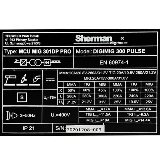 Sherman DIGIMIG 300 Pulse sinerginis suvirinimo aparatas, 300A, 400V
