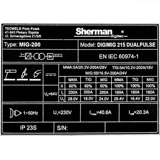 Sherman DIGIMIG 215 DUALPULSE 4R suvirinimo aparatas, 200A, 230V