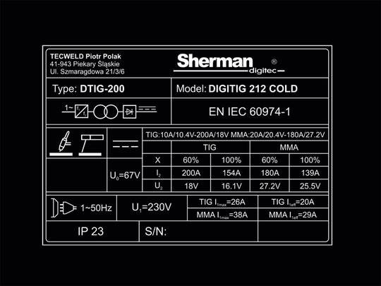 Suvirinimo aparatas Sherman DIGITIG 212 COLD, 200A, 230V
