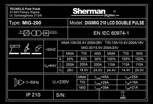 Sherman DIGIMIG 210 LCD DOUBLE PULSE sinerginis suvirinimo pusautomatis, 200A, 400V