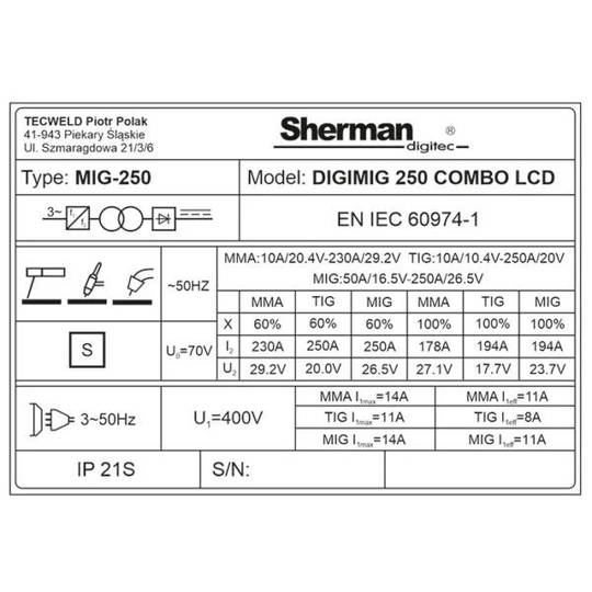 Sherman DIGIMIG 250 COMBO LCD sinerginis suvirinimo aparatas, 250A, 400V