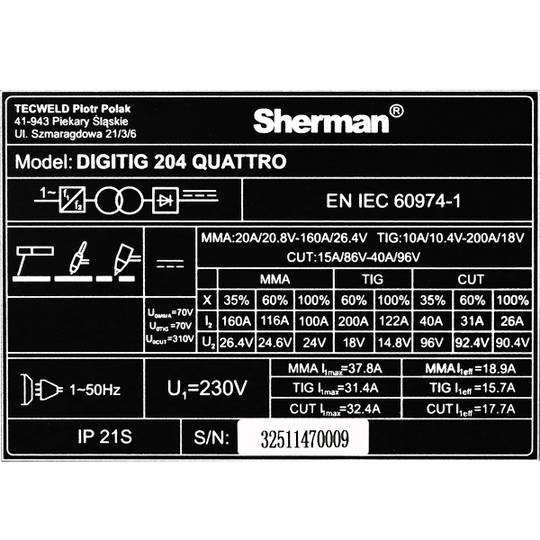 Sherman DIGITIG 204 QUATTRO suvirinimo aparatas su plazminiu pjaustytuvu, 200A, 230V