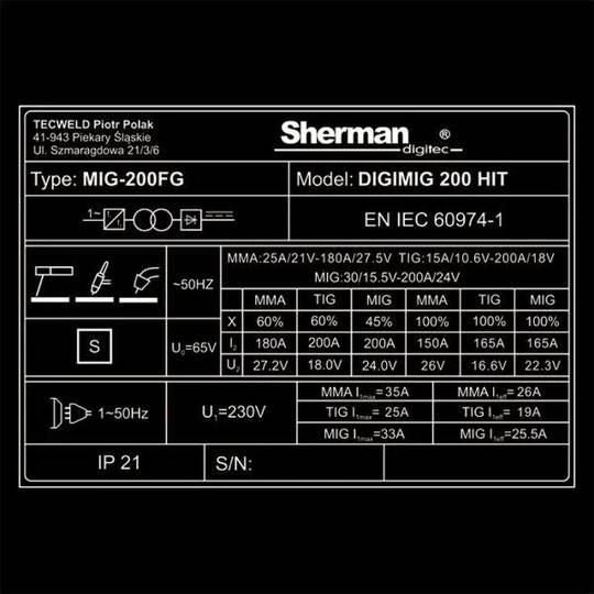 Suvirinimo pusautomatis Sherman DIGIMIG 200 HIT, A, 230V