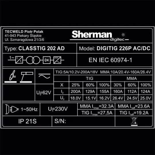 Sherman DIGITIG 226P AC/DC inverterinis suvirinimo aparatas, 200A, 230V