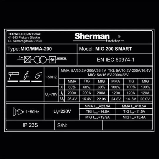 Suvirinimo pusautomatis Sherman MIG 200 SMART, 200A, 230V