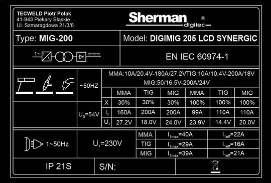 Sinerginis suvirinimo pusautomatis DIGIMIG 205 LCD SYNERGIC, 230V, 200A, komplekte suvirinimo skydelis V6b ir vežimėlis