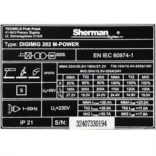 Sinerginis inverterinis suvirinimo aparatas Sherman DIGIMIG 202 M-POWER, 200A, 230V