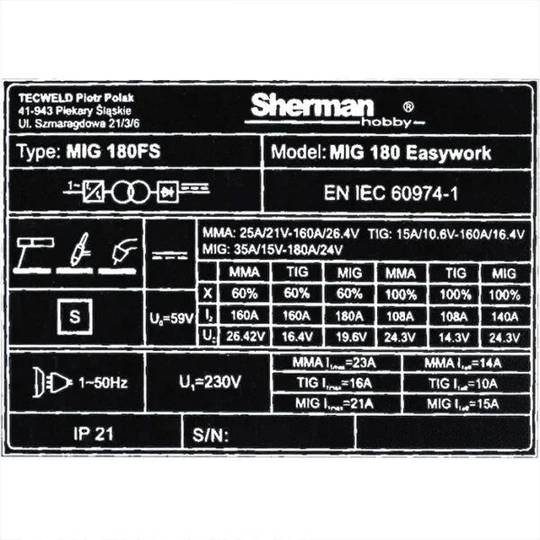 Inverterinis suvirinimo pusautomatis Sherman MIG 180 Easywork, 180A, 230V