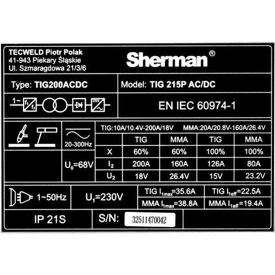 Sherman TIG 215P AC/DC suvirinimo aparatas, 200A, 230V