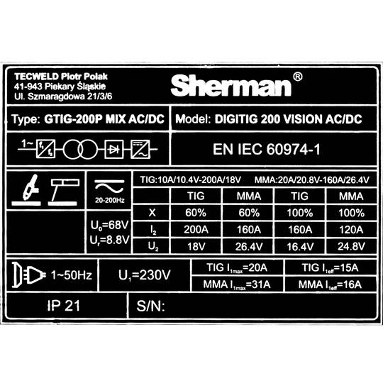 Sherman DIGITIG 200 VISION AC/DC suvirinimo aparatas, 200A, 230V