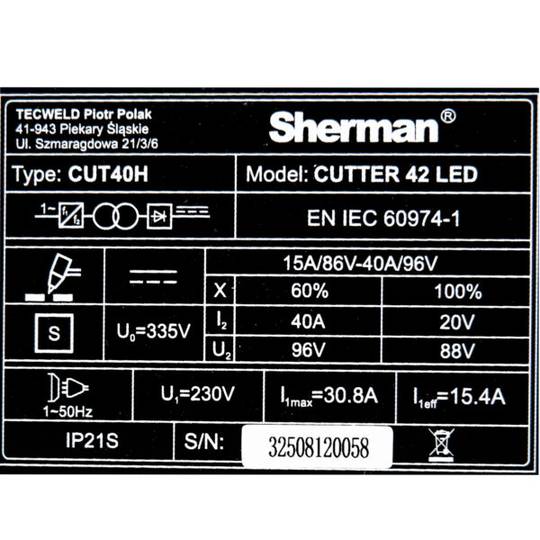 Sherman plazminio pjovimo aparatas CUTTER 42 LED, 40A, 230V, 20mm