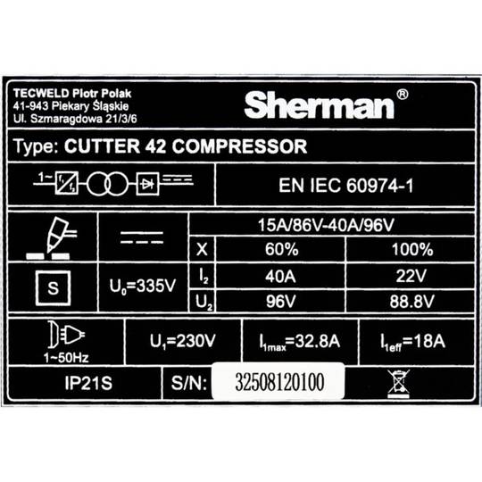 Sherman plazminio pjovimo aparatas CUTTER 42 COMPRESSOR, 40A, 230V, 20mm