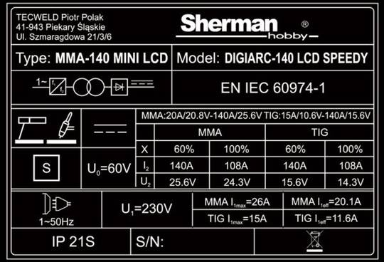 Sherman suvirinimo aparatas DIGIARC 140 LCD SPEEDY, 140A, 230V
