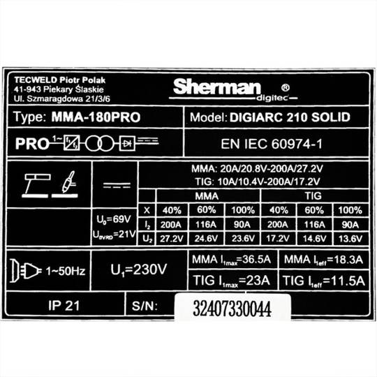 Sherman suvirinimo aparatas DIGIARC 210 SOLID, 200A, 230V