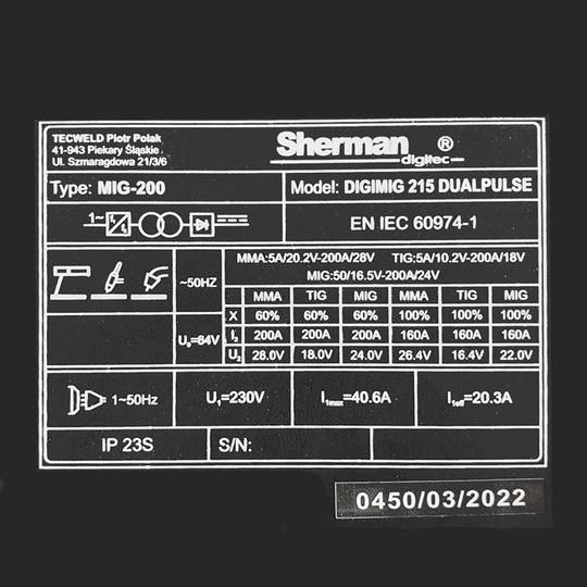 Sherman DIGIMIG 215 DUALPULSE suvirinimo pusautomatis, 200A, 230V