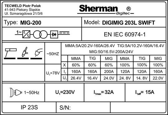 Sherman DIGIMIG 203L SWIFT sinerginis suvirinimo aparatas, 200A, 230V