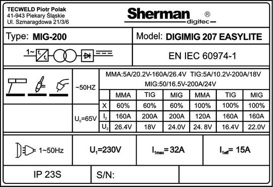 Sherman DIGIMIG 207 EASYLITE sinerginis suvirinimo aparatas, 200A, 230V