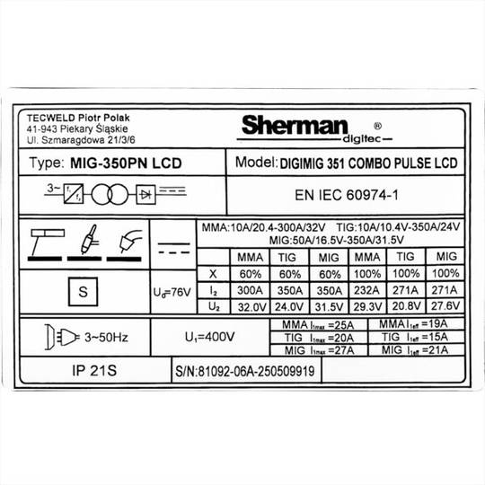 Sherman sinerginis suvirinimo aparatas DIGIMIG 351 COMBO PULSE LCD, 300A, 400V