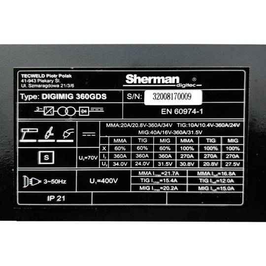 Sherman DIGIMIG 360GDS sinerginis inverterinis suvirinimo aparatas, 360A, 400V