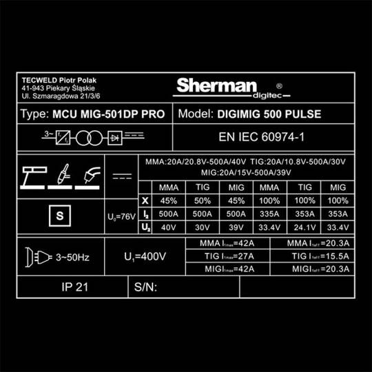 Sherman DIGIMIG 500 PULSE sinerginis suvirinimo pusautomatis, 500A, 400V