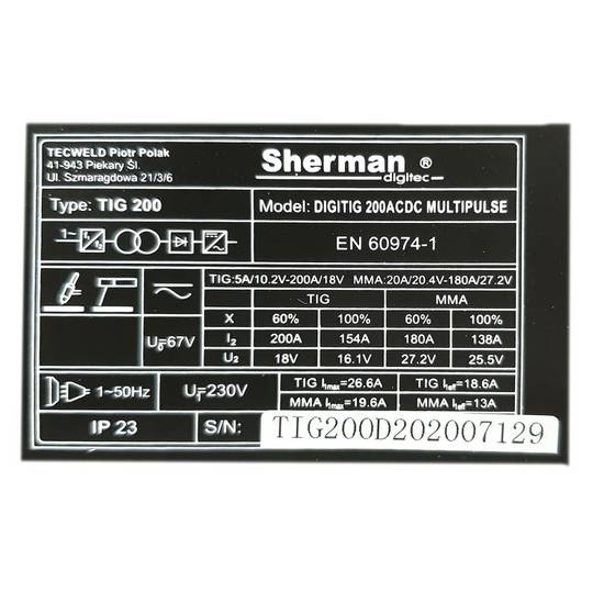 Sherman DIGITIG 200 AC/DC MULTIPULSE inverterinis suvirinimo aparatas, 200A, 230V