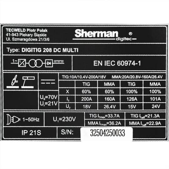 Sherman suvirinimo aparatas DIGITIG 208 DC MULTI, 200A, 230V