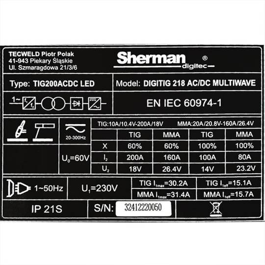Sherman suvirinimo aparatas DIGITIG 218 AC/DC MULTIWAVE, 200A, 230V