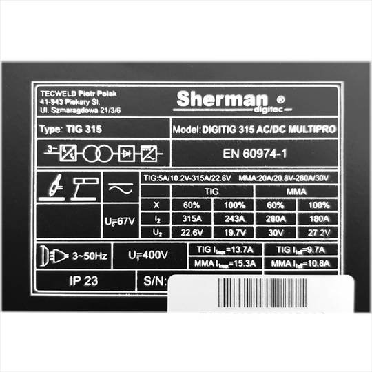 Sherman DIGITIG 315 AC/DC Multipro suvirinimo aparatas, 315A, 400V