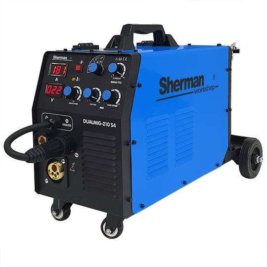Sherman suvirinimo aparatas DUALMIG 210 S4 su ratukais ir lentyna balionui, 180A, 230V