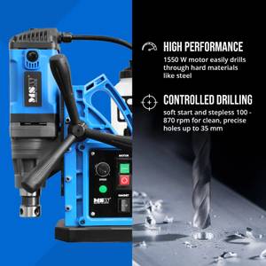 MSW-NNO-20V1 magnetinis gręžtuvas su vakuuminiu siurbliu, 1550W, 870 aps./min., maksimalus gręžimo skersmuo 35 mm