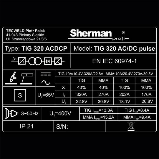 Sherman TIG 320 AC/DC Pulse suvirinimo aparatas, 320A, 400V
