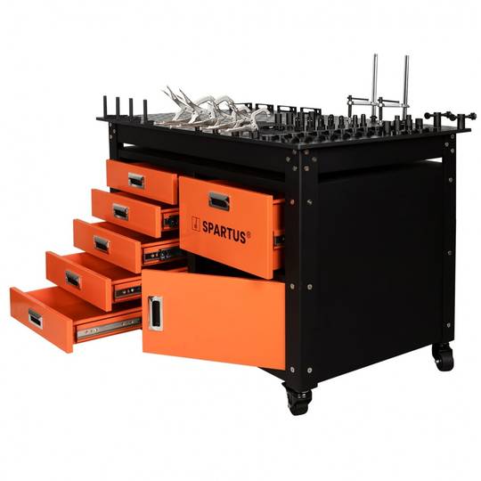 Suvirinimo stalas 1200x750x820mm, D16 sistema, iki 500 kg, ant ratukų, su stalčiais ir spintele, su 62 įrankių rinkiniu