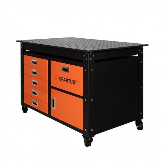 Suvirinimo stalas 1200x750x820mm, D16 sistema, iki 500 kg, ant ratukų, su stalčiais ir spintele, su 62 įrankių rinkiniu