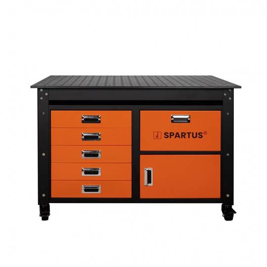 Suvirinimo stalas 1200x750x820mm, D16 sistema, iki 500 kg, ant ratukų, su stalčiais ir spintele, su 62 įrankių rinkiniu
