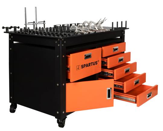 Suvirinimo stalas 1200x750x820mm, D16 sistema, iki 500 kg, ant ratukų, su stalčiais ir spintele, su 62 įrankių rinkiniu